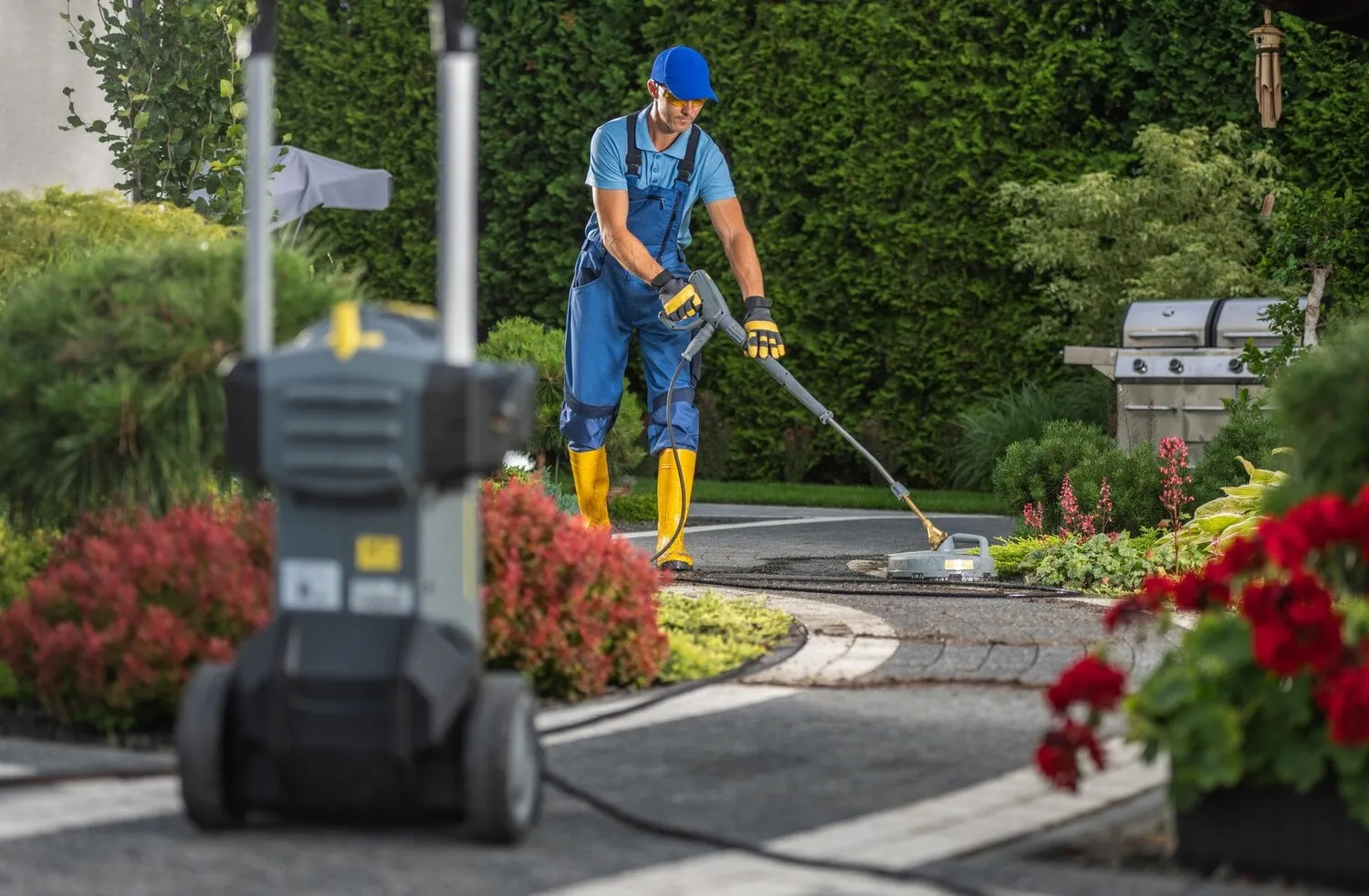 a,worker,in,blue,overalls,and,yellow,boots,cleans,a